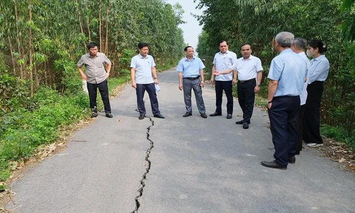 Lãnh đạo UBND thành phố Phúc Yên cùng đại diện các cơ quan chuyên môn kiểm tra hiện trường các vết lún nứt tại đê Bá Hanh.